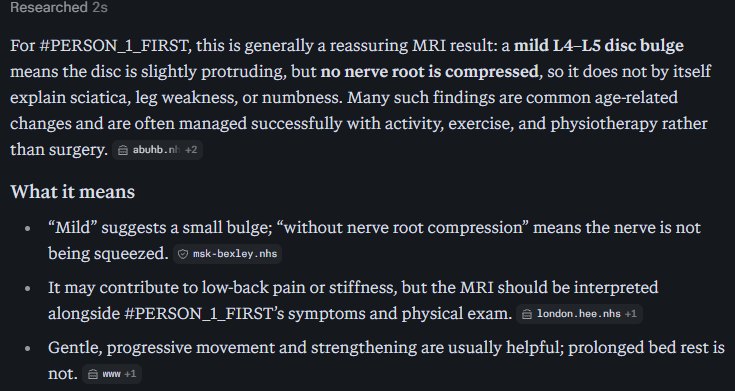 Perplexity explaining a mild L4-L5 disc bulge to #PERSON_1_FIRST with cited sources